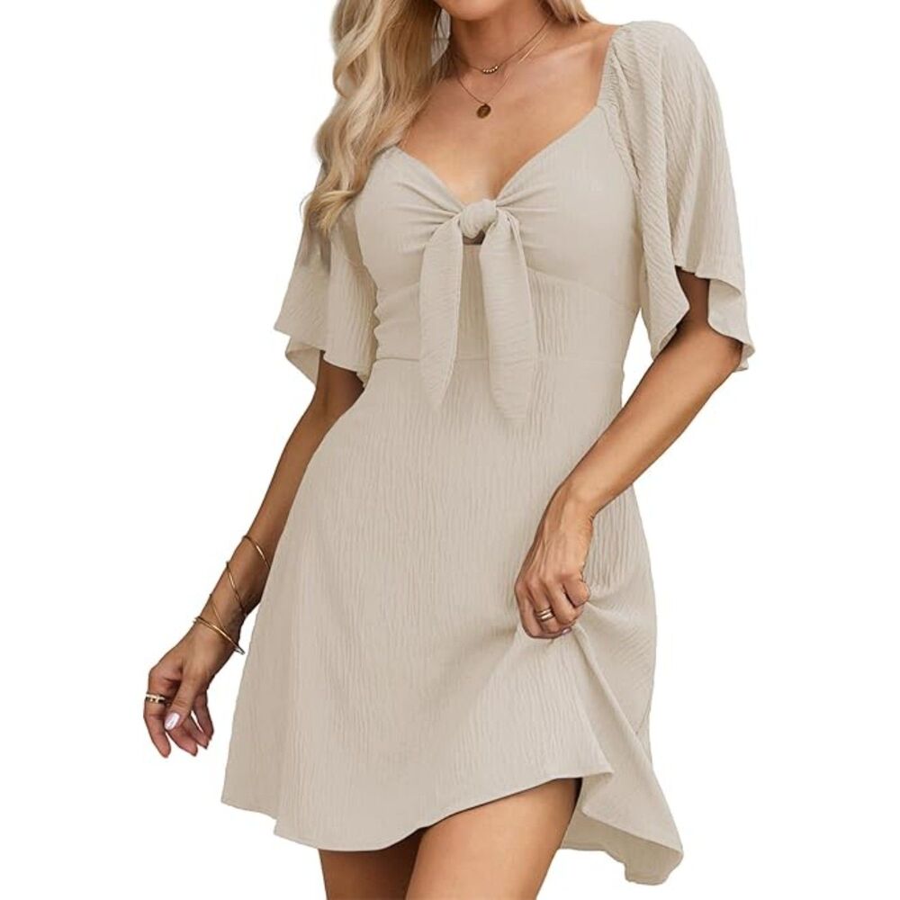 Deep V-Neck Bow Tie Mini Dress in Ivory Sz XL Boho/Western/Neutral